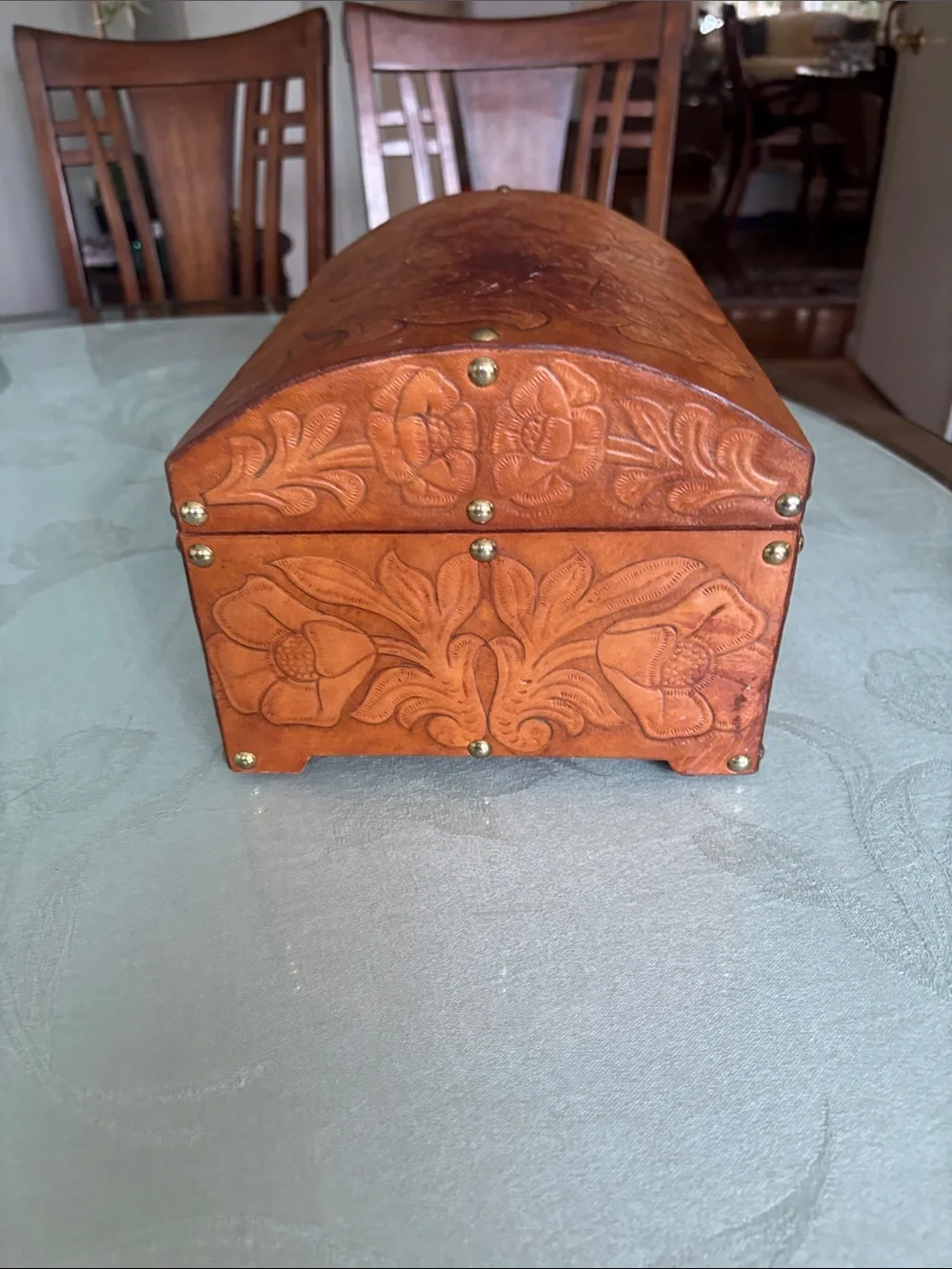 Floral Embossed Leather Jewelry Storage Box - Brown